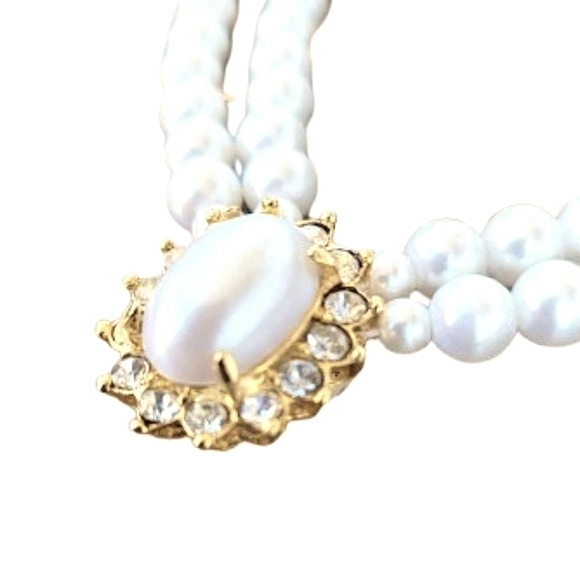 ππ Vintage Elegant Pearl Gold Pendant Chocker Necklace Rhinstone Earrings Set - Picture 2 of 9